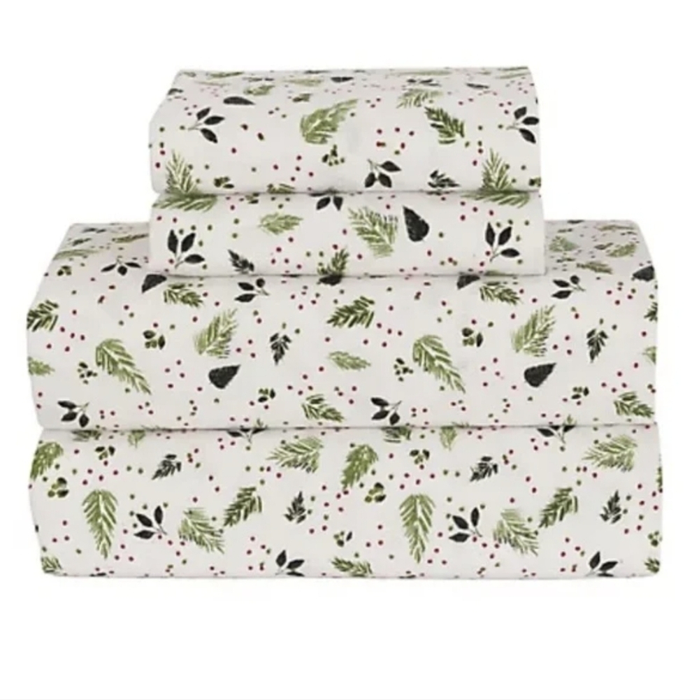 New Bee & Willow Heavyweight Cotton Flannel Queen Sheet Set Christmas Foliage